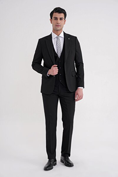 Efor Slim Fit Çift Yırtmaç %97 Yün Esnek Siyah Yelekli Klasik Takım Elbise TK...