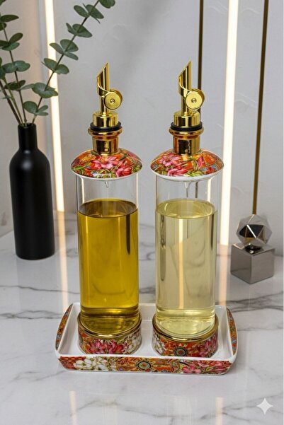 Qerhome طقم زيت وخل زجاجي فاخر من قطعتين بنقش زهور فيرونيكا - مع حامل بورسلين