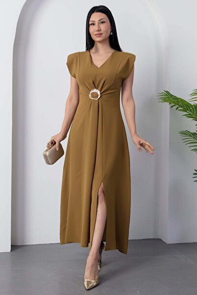 PULLIMM V-Neck Waist Buckled Slit Dress Grs3865