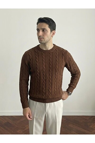 Tarz Cool Men's Brown Crew Neck Slim Fit Hair Braided Knitwear Sweater