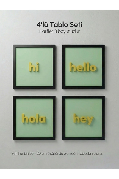 Framelle Hi, hello, holɑ, hey | 4’lü Modern Duvar Tablosu Seti (20x20 cm)