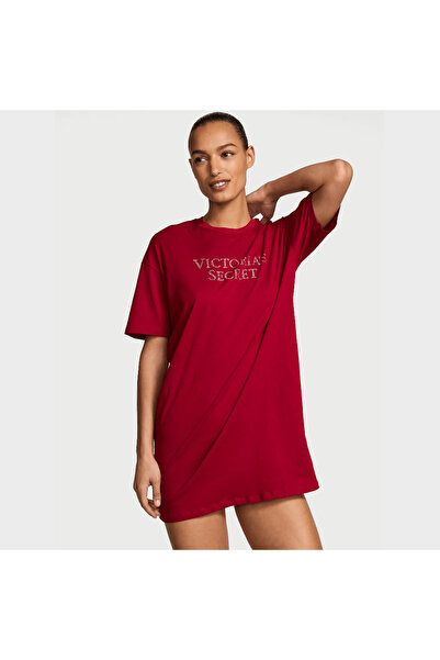 Victoria's Secret - Nightgown made of 100% cotton, with short sleeves, burgundy