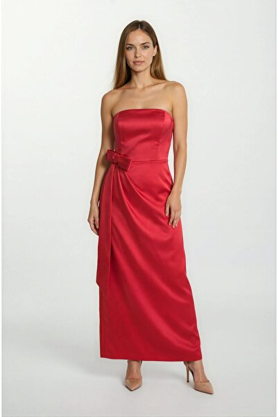 Spazio Desolina Straplez Belde Fiyonk Detaylı Anvelop Uzun Abiye Elbise KIRMIZI