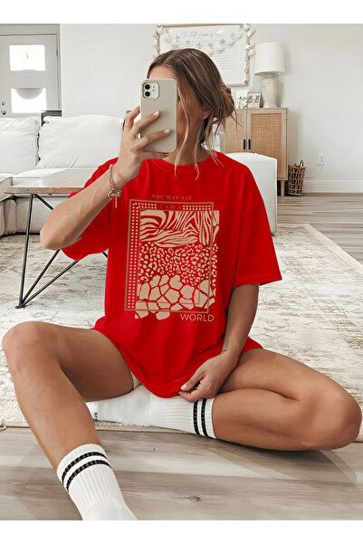 caddekombin Women's World Printed Crew Neck Red T-Shirt
