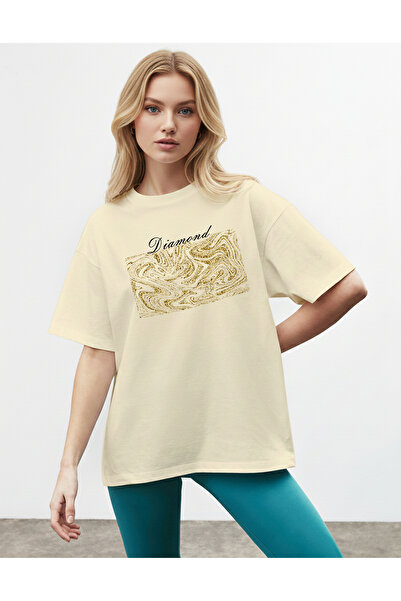 caddekombin Women's Shimmery Look Printed Crew Neck Beige T-Shirt