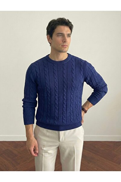 Tarz Cool Men's Navy Blue Crew Neck Slim Fit Hair Braided Knitwear Sweater