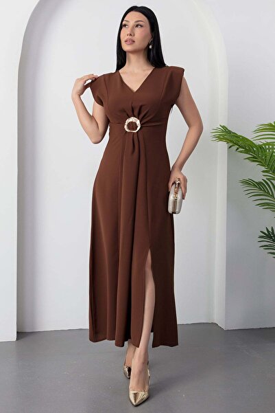 PULLIMM V-Neck Waist Buckled Slit Dress Grs3865