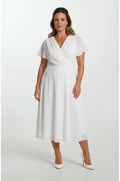 Spazio Ornato Kruvaze Yaka Kloş Midi Abiye Elbise BEYAZ