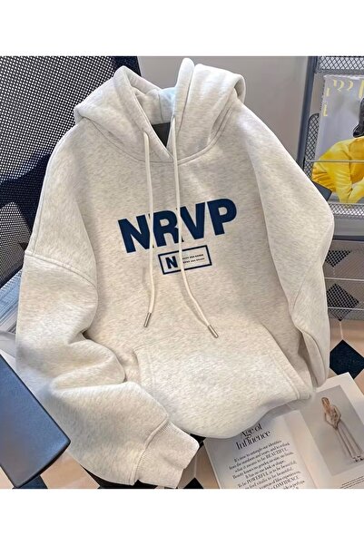 LELVANİ Men's American Style Nrvp Printed Gray Hoodie