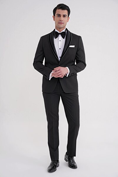 Efor Slim Fit Removable Satin Collar Single Button Black Groom Suit Tuxedo Su...