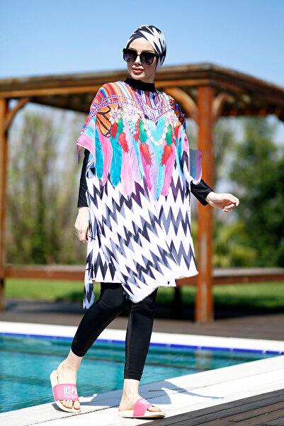 Remsa Mayo Καφτάν παρέο με μοτίβο πέρλες ζιγκ-ζαγκ πάνω από μαγιό με χιτζάμπ