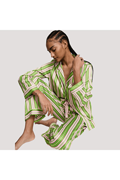 Victoria's Secret Long Satin Pajamas with Green Stripes