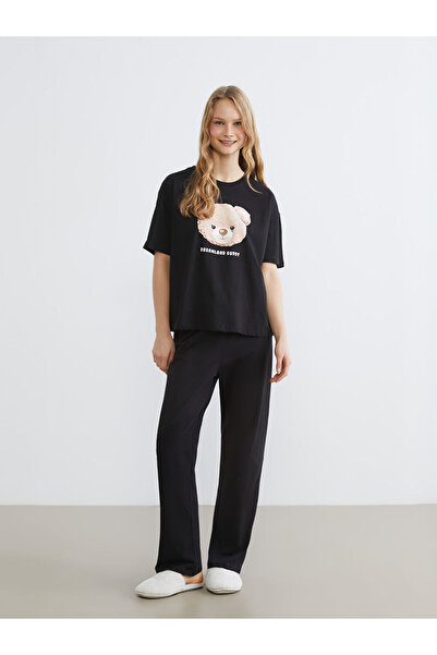 LC Waikiki Σετ γυναικείας πιτζάμας LCW Young Siyah Bicycle Collar Bear με τύπωμα