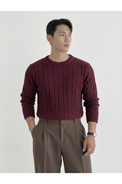 Tarz Cool Men's Burgundy Crew Neck Slim Fit Hair Braided Knitwear Sweater