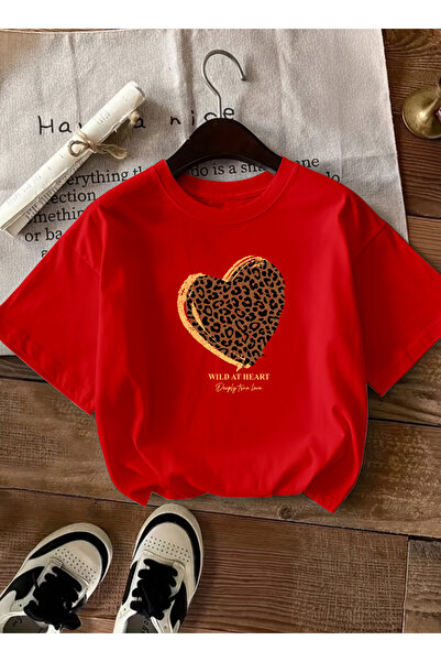 caddekombin Women's Wild at Printed Crew Neck Red T-Shirt