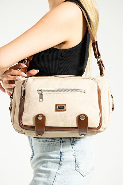 Çanta Trend Women's Cream-Tan Multi-Compartment Shoulder and Crossbody Bag