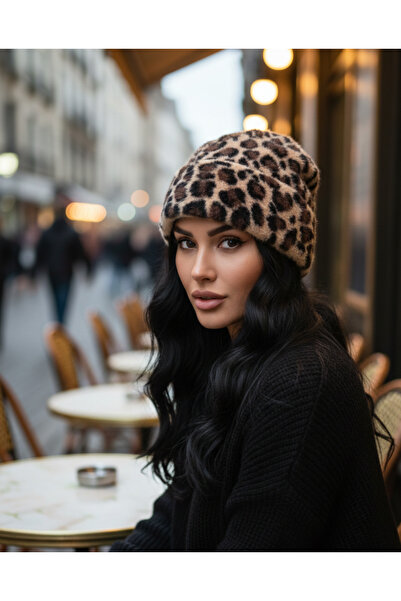la_hatun Kadın Acı Kahve Leopar Desenli Tüylü Yumuşak Bere