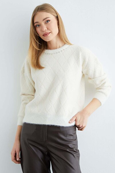 Fulla Moda Baklava Patterned Stone Detailed Bearded Knitwear Sweater