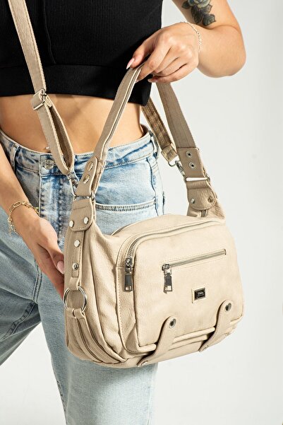 Çanta Trend Women's Cream Multi-Compartment Shoulder and Crossbody Bag