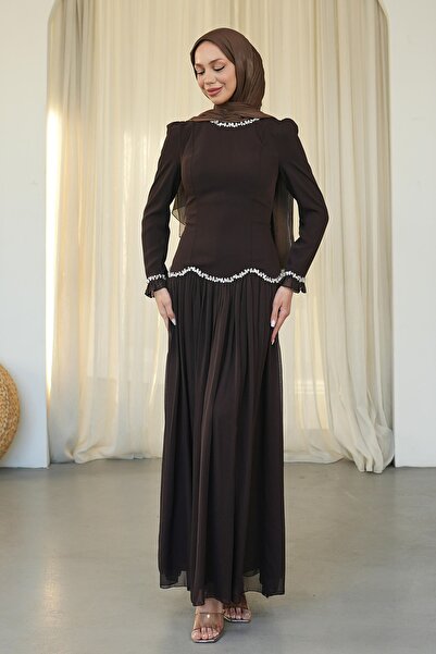 İmajButik Bitter Brown Back-Tie Stone Evening Dress