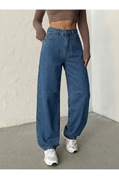 Blue Wings بنطلون جينز واسع الساق مع مشبك خلفي وتطريز عند الركبة