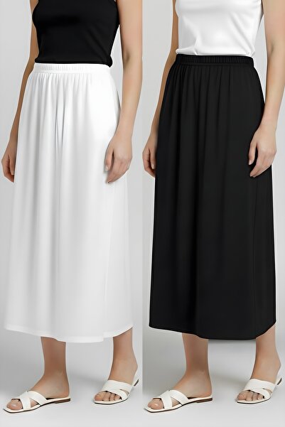 İmajButik Ecru - Black 2-Pack Elastic Waist Skirt Lining Petticoat