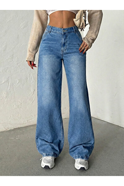 blue wings denım co. جينز بخصر عالٍ وجيوب جانبية وساق واسعة