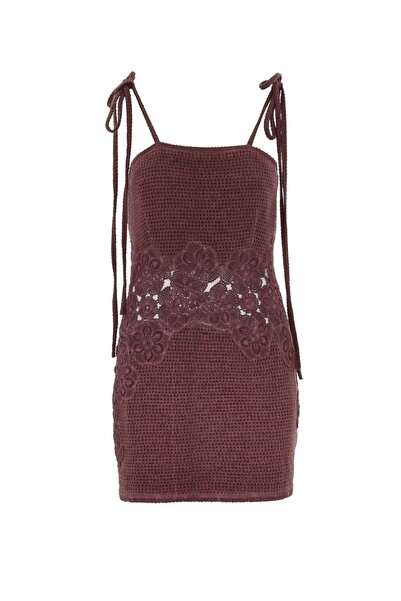 MORREZ Merlot Muse Dantel Detaylı Örme Mini Elbise