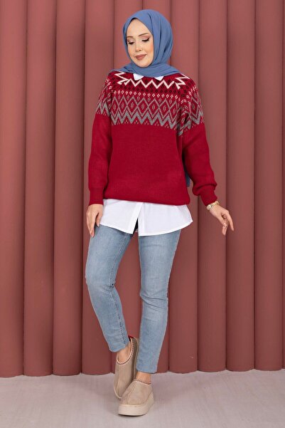 EBRUTESETTÜR Ethnic Motif Casual Knit Sweater Red