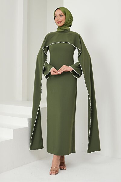 İmajButik Dark Oil Green Pearl Detailed Cape Evening Dress