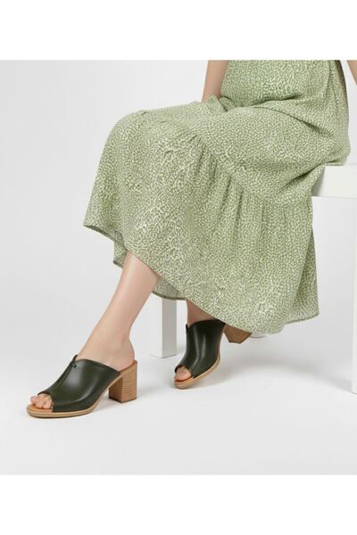 Ender Papuci de damă din piele naturală 100% cu toc gros kaki