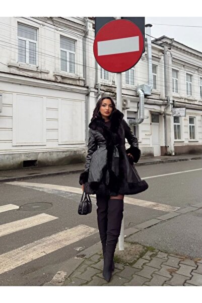 OEMTOOLS Women's long faux leather jacket with faux fur - warm & stylish