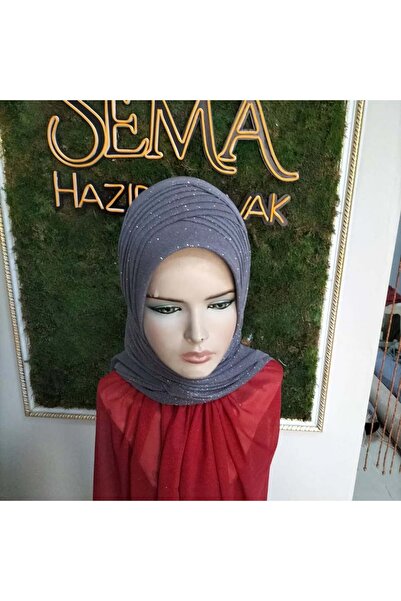 semahazırduvak Koyu gri simli Uzun yan bağlamalı model hazır türban hazır şal...