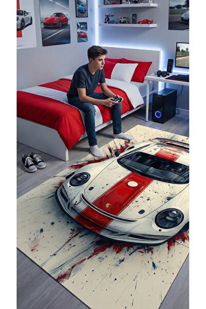 RUGRUMBA Kaymaz Taban Makinede Yıkanabilir Araba Desenli Gamer Genç Odası Halısı