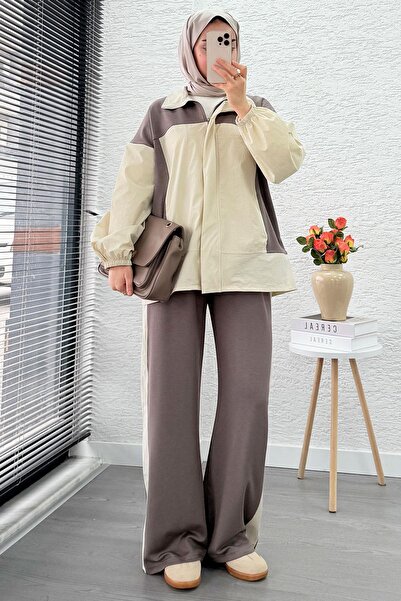 MELEK ARAZ Zippered Parachute Paneled Double Tracksuit Set - Mink