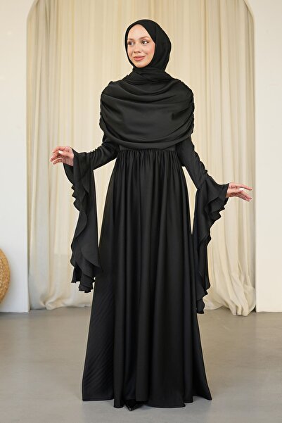 İmajButik Black Sleeve Layered Front Draped Satin Evening Dress