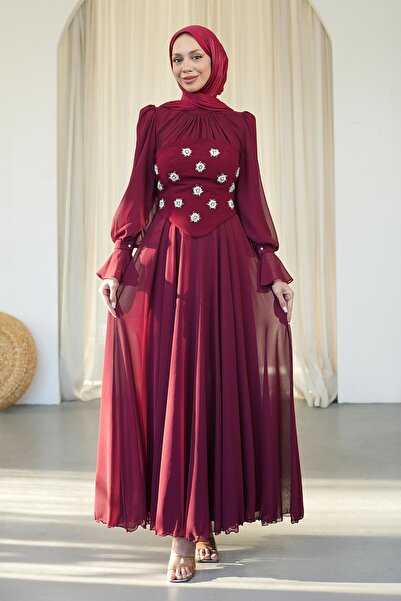 İmajButik Burgundy Stone Embroidered Bustier Evening Dress