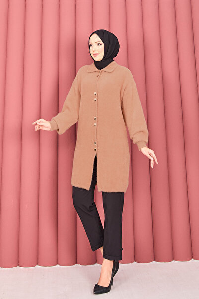 EBRUTESETTÜR Gold Buttoned Hijab Angora Cardigan Camel
