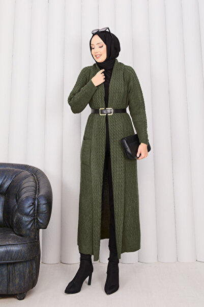 EBRUTESETTÜR Hair Knit Shawl Collar Hijab Knitwear Cardigan Khaki