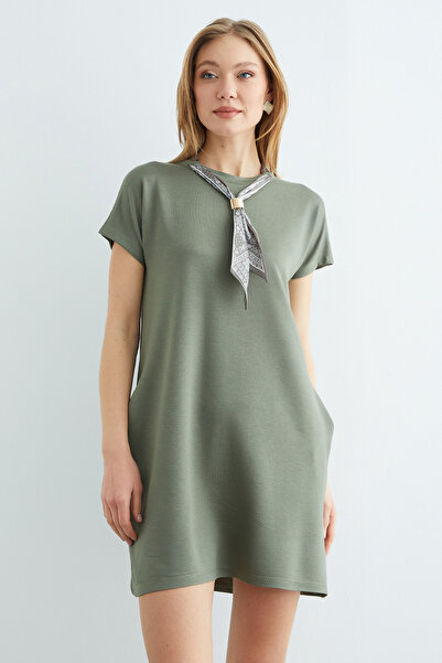 Fulla Moda Scarf Detailed Crew Neck Dress