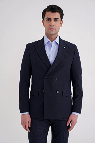 Efor Comfort Fit Pointed Collar Cotton Gofre Fabric Double Breasted Navy Blue...