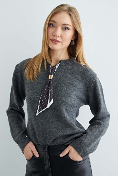 Fulla Moda Scarf Detailed Crew Neck Knitwear Sweater