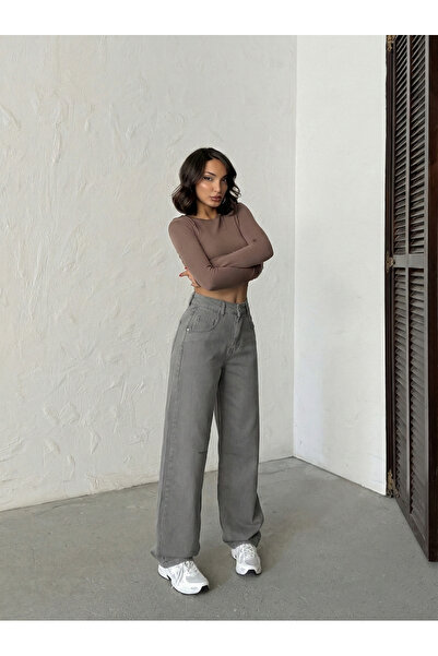 Blue Wings بنطلون جينز واسع الساق مع مشبك خلفي وتطريز عند الركبة