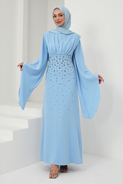 İmajButik Baby Blue Evening Dress with Draped Stones Embroidered on the Front