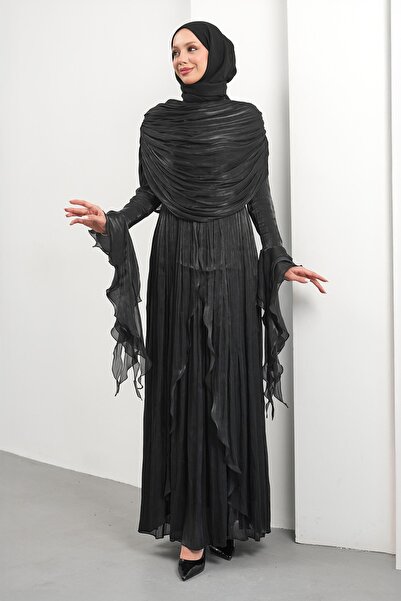 İmajButik Μαύρο βραδινό φόρεμα με βολάν και κάπα