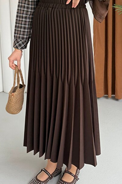Modaensarbutik Çift Pilise Detaylı Tesettür Uzun Etek-KAHVERENGİ