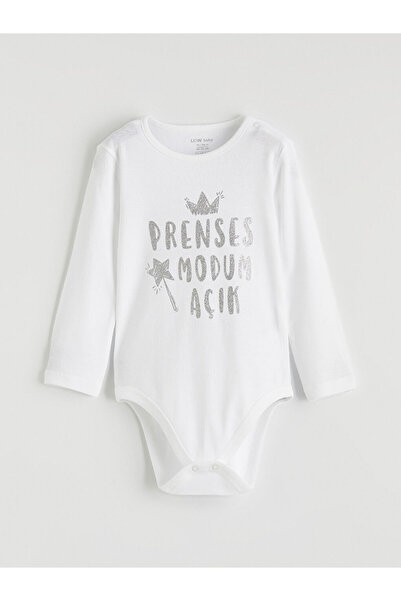LC Waikiki White Slogan Printed Baby Girl Snap Fastener Bodysuit