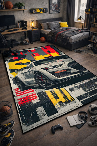 RUGRUMBA Kaymaz Taban Makinede Yıkanabilir Araba Desenli Gamer Genç Odası Halısı
