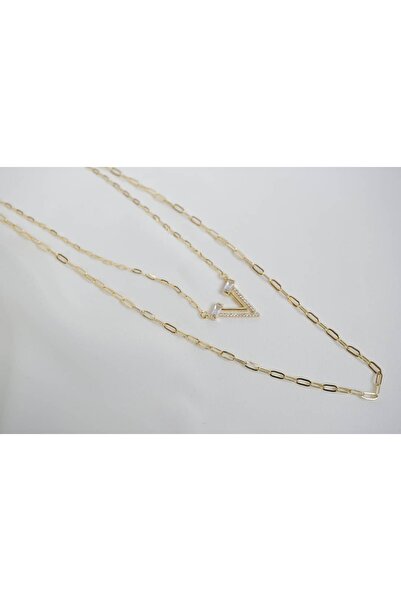 ATELİER TUĞBA Kol215 V Letter Zircon Stone Paperclip Chain Gold Necklace