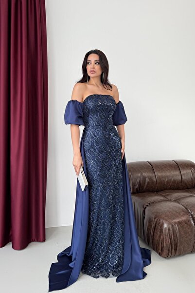 Serica Moda Lacivert Straplez Balon Kol Payetli Pelerinli Abiye Elbise